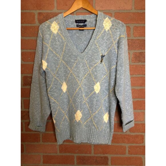 Vintage Golf Themed Grandpa Sweater Gant Silk Blend Argyle V-Neck Preppy - Picture 1 of 7